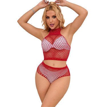 Lingerie Seducente in Rete con Strass Rosso Brillante Per Donna